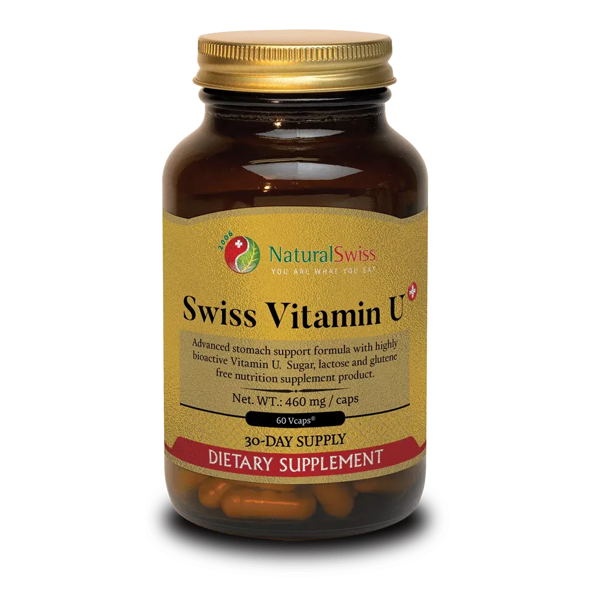 Sklenená fľaša Swiss Vitamin U od NaturalSwiss – výživový doplnok na zdravie tráviaceho traktu.