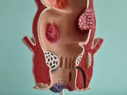 Model konečníka – anatomický prierez s vyznačenými typickými problémami v oblasti konečníka.