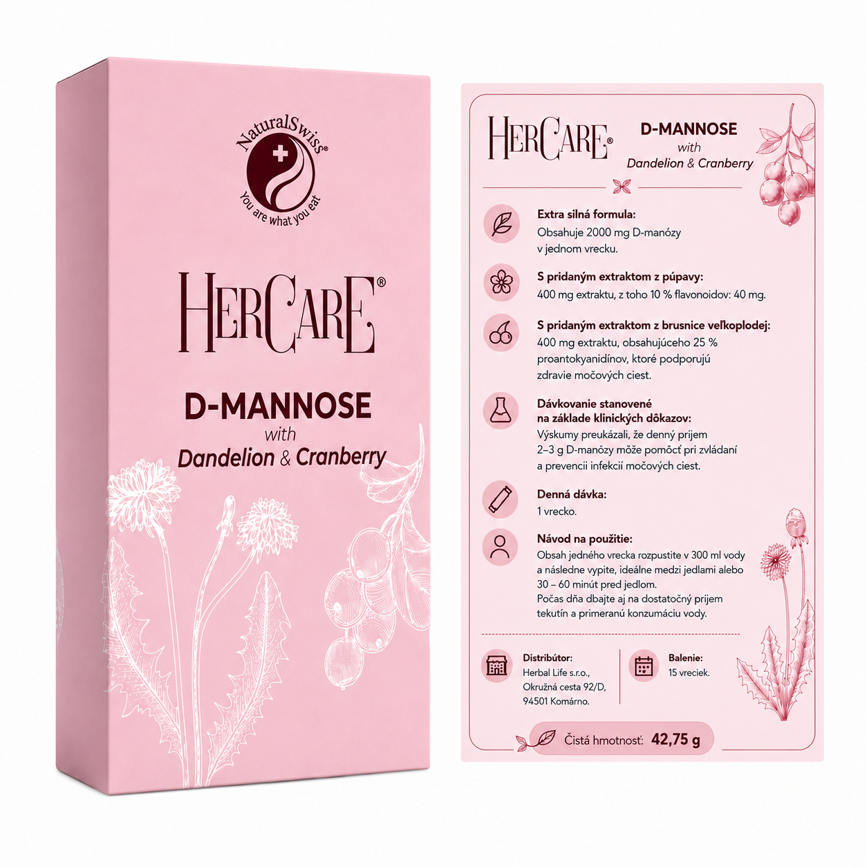HerCare® D‑mannose s púpavou a brusnicami – Obrázok 3